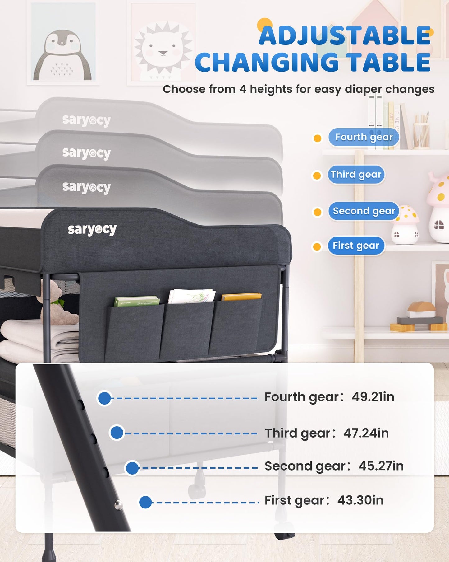 Baby Changing Table, Versatile Folding Changing Table, Waterproof Diaper Changing Station, Adjustable Height with 2 Drawers,Baby Changing Station, Mobile Nursery for Infant and Newborn