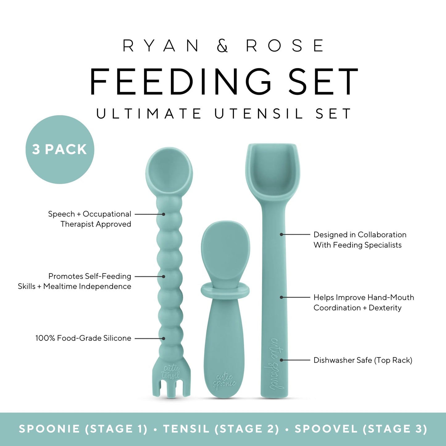 Ryan & Rose Ultimate Utensil Set of 3 Silicone Baby Spoons Silicone baby feeding set for baby led weaning, baby spoons self feeding 6 months, baby utensils, toddler utensils (Rose), Child