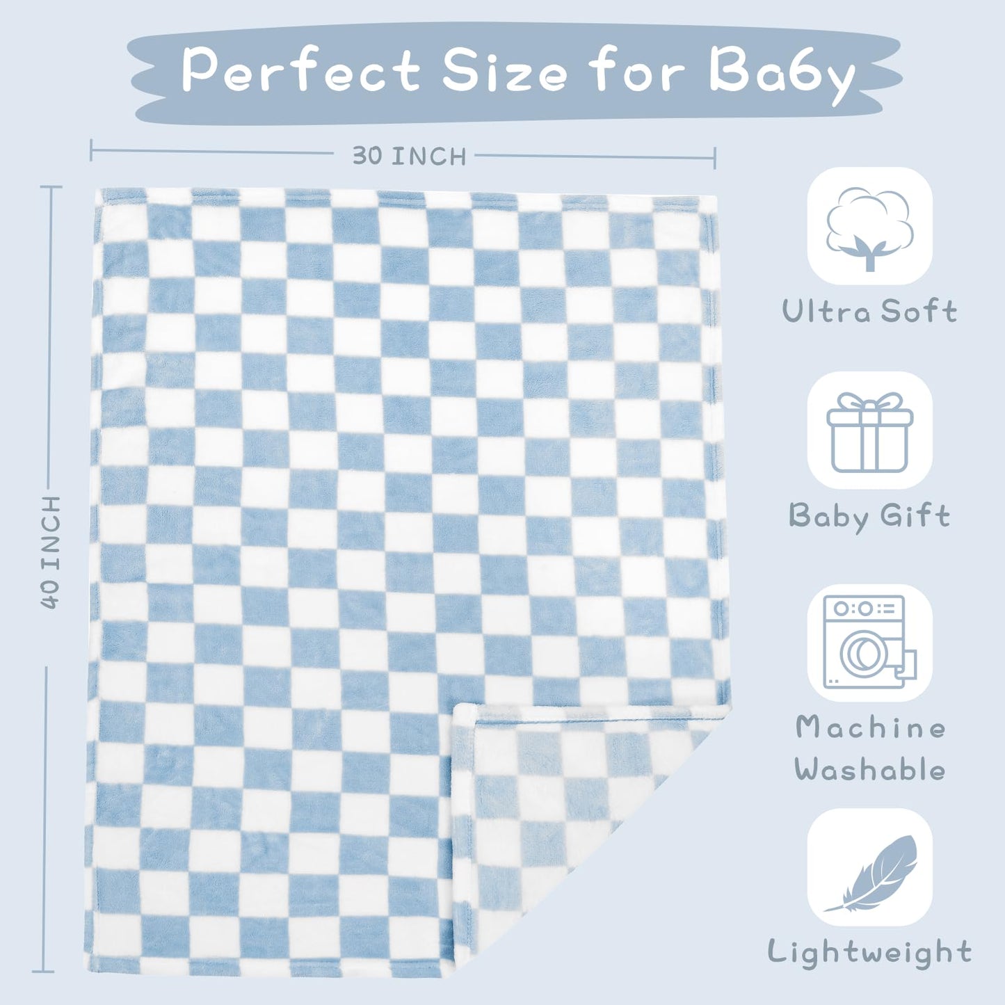 Yurhap Checkered Baby Blanket Fleece Baby Blankets for Boys, Ultra Soft Cozy Fluffy Infant Toddler Newborn Receiving Blankets for Crib Stroller, 30''x40'', Blue