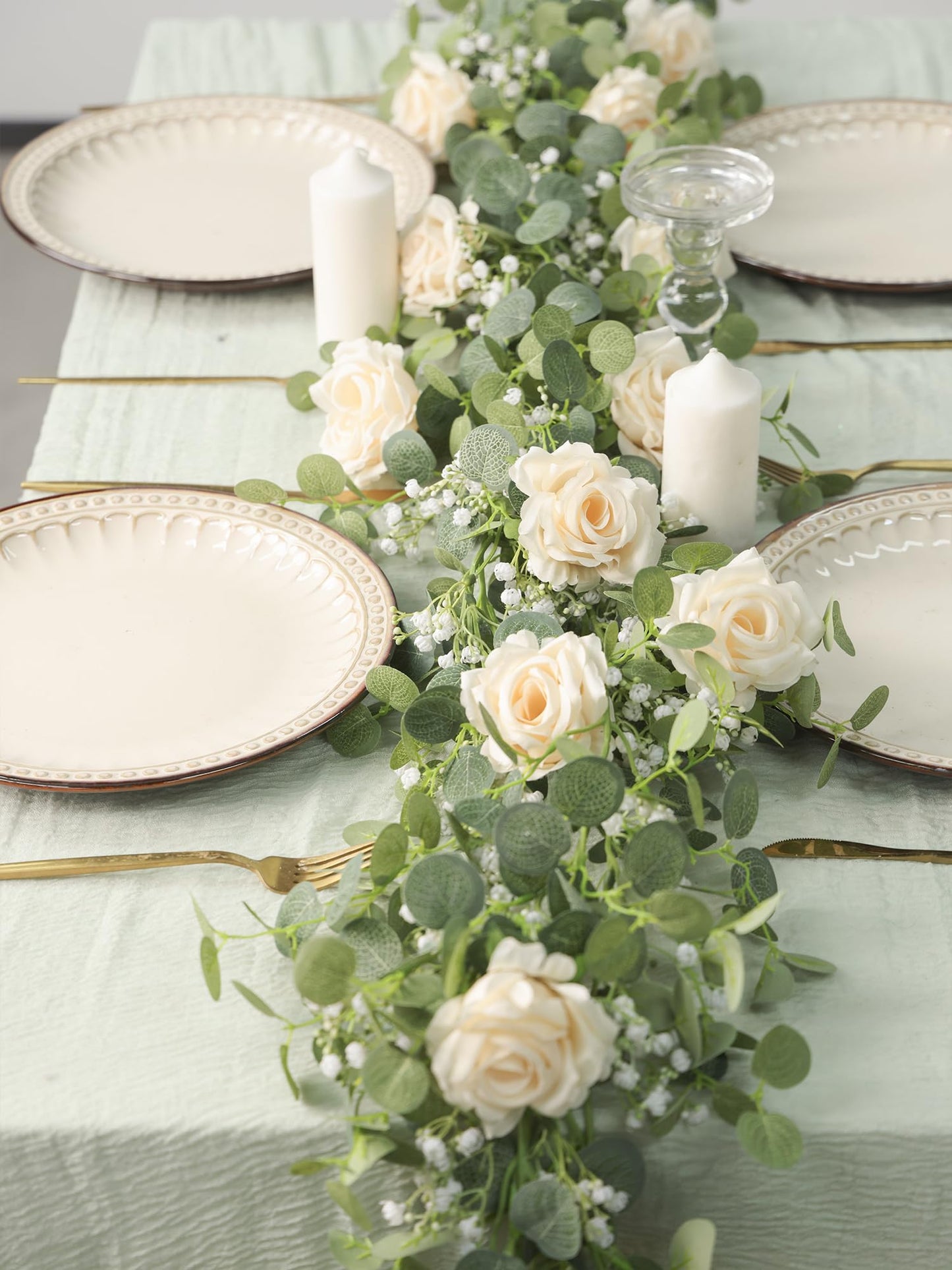 Anna's Whimsy 5.91FT Artificial Eucalyptus Garland with Flowers, Fake Flower Rose Gypsophila, Faux Floral Greenery Garland for Wedding Spring Home Party Craft Art Table Runner Decor