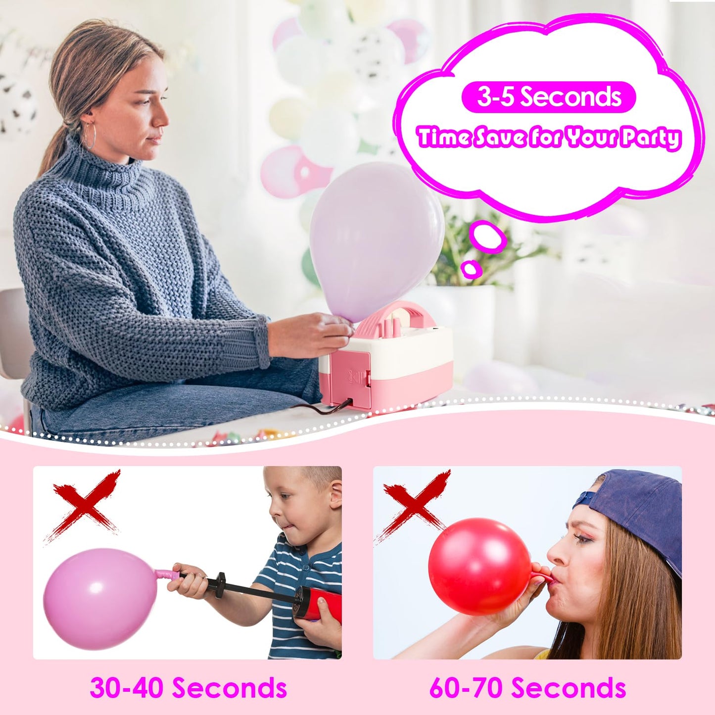 Balloon Pump Electric, Portable Automatic Dual Nozzle Inflator 110V 600W with Tying Tools for Birthday Gender Reveal Baby Shower Balloons Party Decorations
