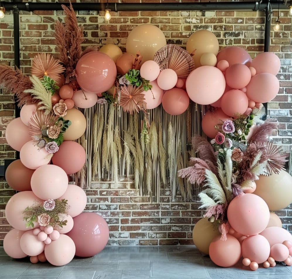 Dusty Pink Balloon Arch Kit Double Stuffed Blush Rose Nude Brown Balloon Garland 112pcs Matte Pastel Neutral Balloons for Boho Bridal Shower Baby Shower Birthday Theme Party Decoration