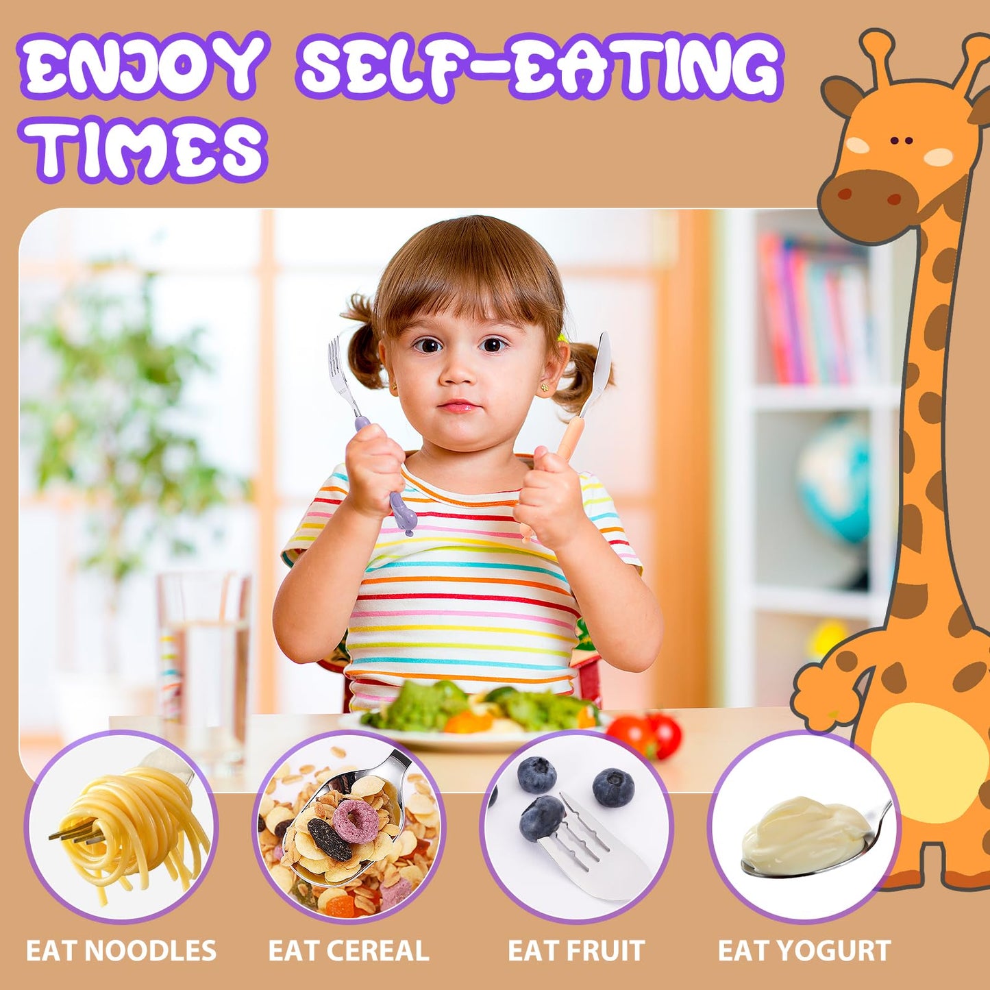 lohodo Toddler Utensils Kids Spoon and Fork Set 18/8 Stainless Steel Silverware BPA Free Pink & Purple Cute Giraffe Child Flatware with Travel Case for Age 3+