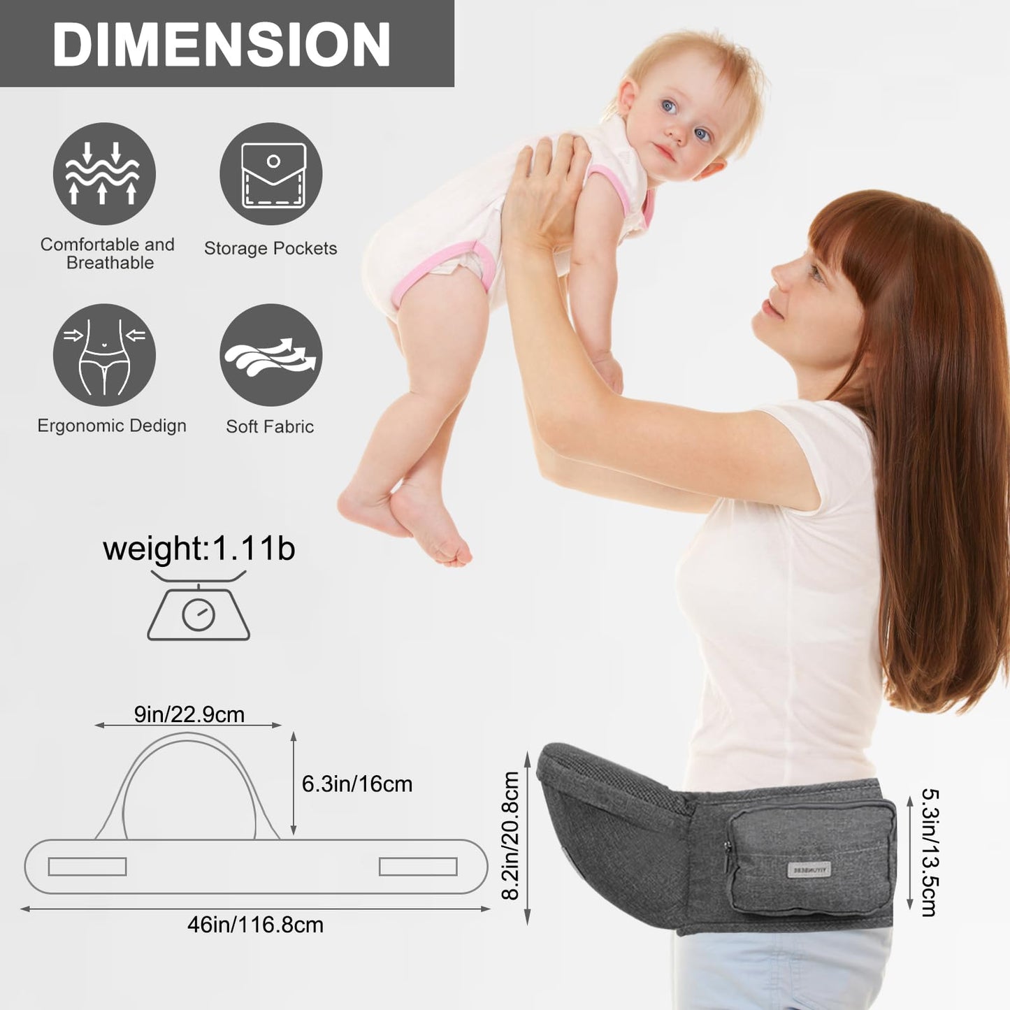 Baby Carrier, Ergonomic 6-in-1 Baby Carrier with Hip Seat for Newborn Infant Toddler, Adjustable Detachable Baby Holder Carrier for Dad Mom