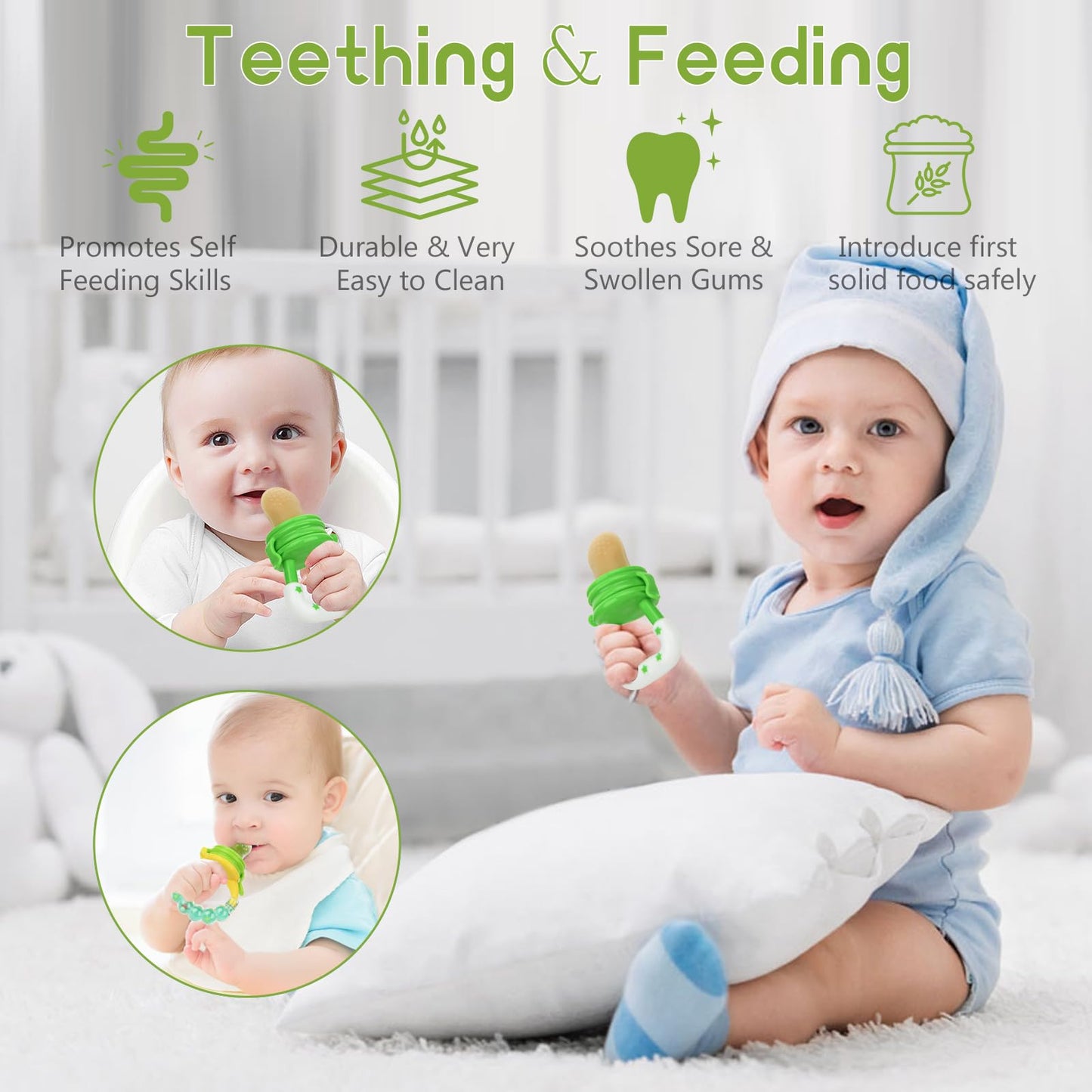 Food Feeder for Baby, Fruit Feeder Pacifier (3 Pcs) with 6 Different Sized Silicone Pacifiers 1 PCS Silicone Baby Food Dispensing Spoon 90ML with 1 PC Baby Spoons 1 PC Pacifier Clip Baby Feeding Set