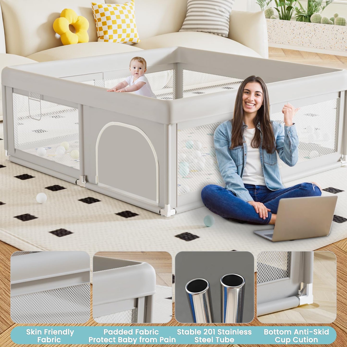 Baby Playpen 50x50 Inch, Play Pens for Babies and Toddlers Baby Fence Baby Play Yards for Indoor & Outdoor with Breathable Mesh Anti-Fall Playpen
