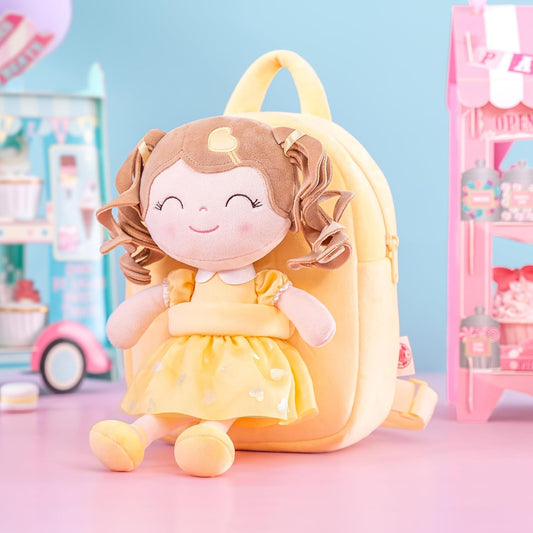 Gloveleya Toddler Backpack Baby Girls Gift Plush Bag Diaper Bag with Spring Girl Doll Curly Hair Girl Toys with Love Yellow 9 Inches