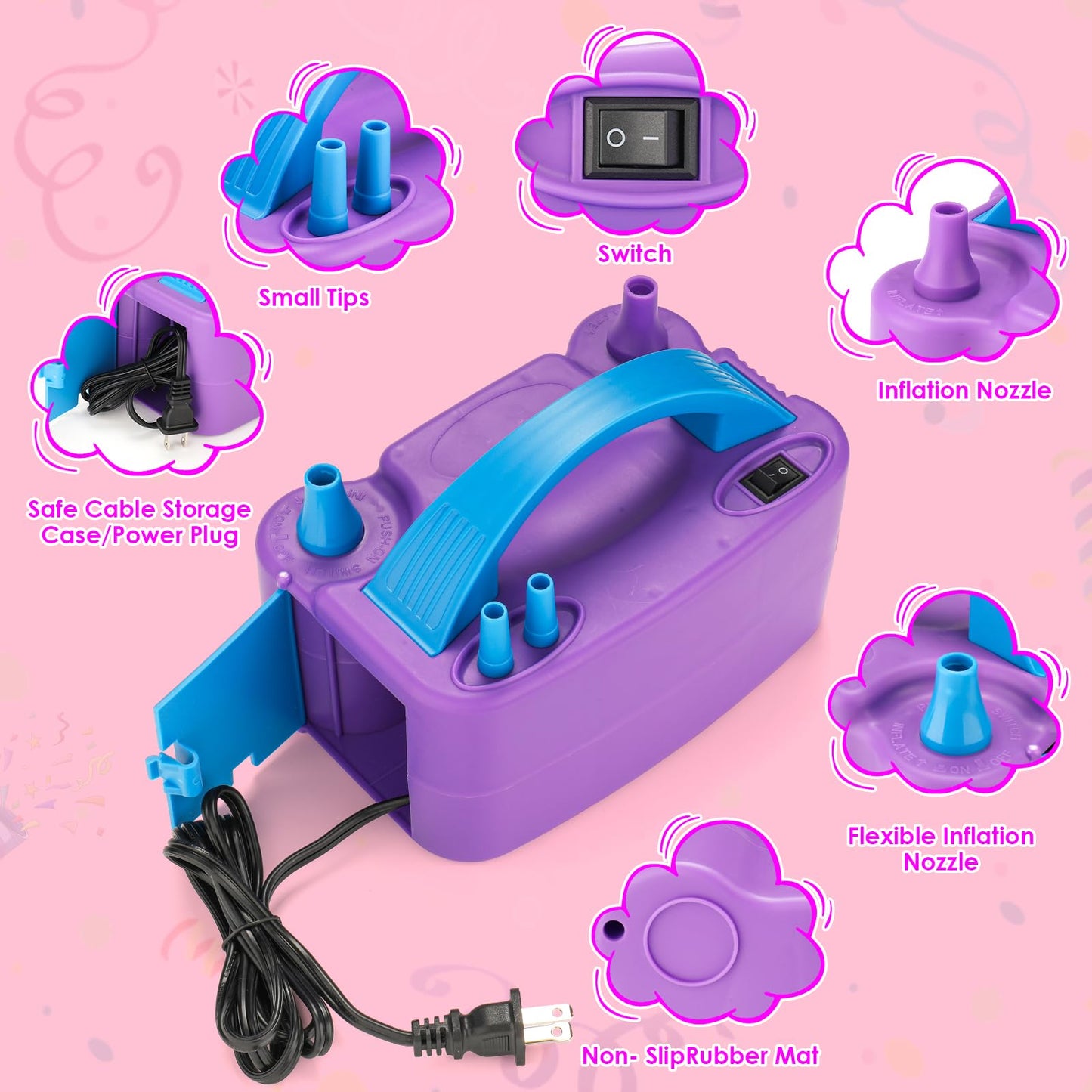 Balloon Pump Electric, Portable Automatic Dual Nozzle Inflator 110V 600W with Tying Tools for Birthday Gender Reveal Baby Shower Balloons Party Decorations