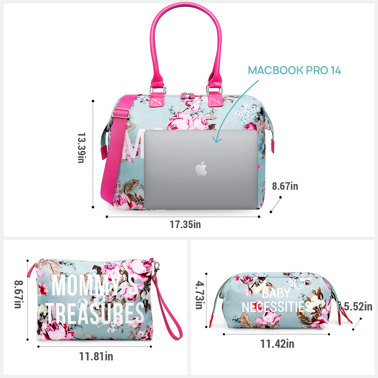 LitBear Mommy Bag for Hospital, Hospital Tote for Labor and Delivery, Large Capacity Waterproof Mommy Organizer, Multifunction Overnight Tote for Women, Mom Bag with Straps (Blue Floral)