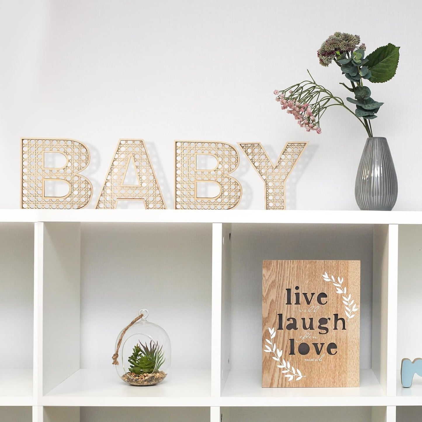 4 Pcs Wooden Nursery Decor Baby Letters Sign Rattan 8 Inch Wood Wildflower Nursery Letters Boho Wall Decor for Baby Shower Newborn Birthday Gift