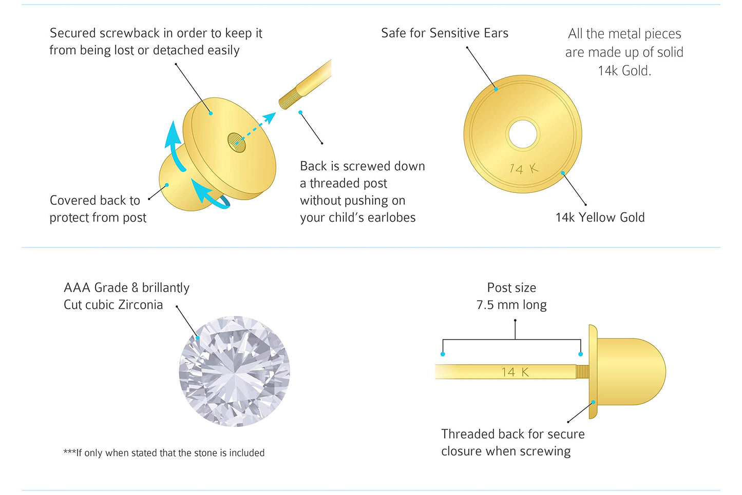 14k Yellow Gold 2,3,4,5,6mm Plain Hollow Gold Ball Children Screw back Baby Girls Stud Earrings
