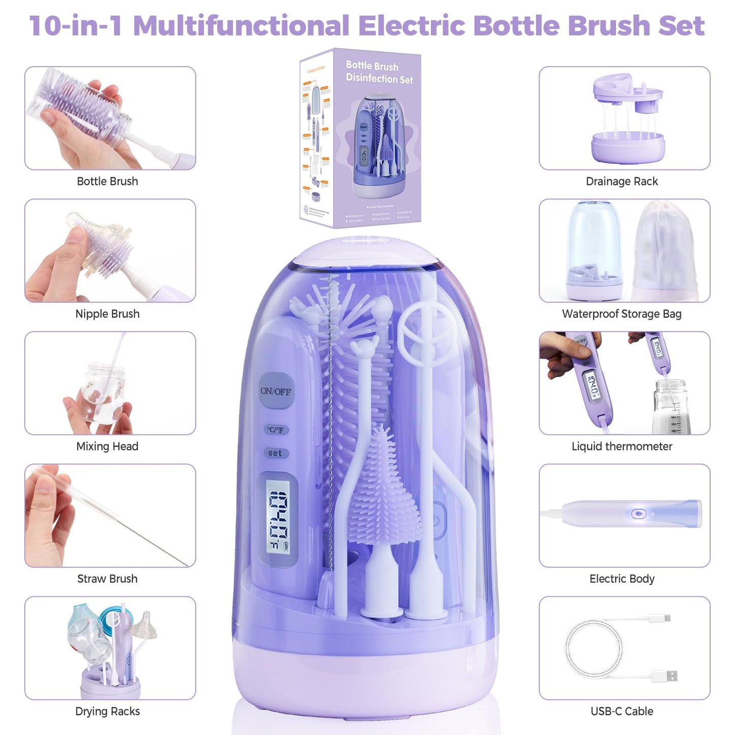 Electric Bottle Brush Cleaner,Rechargable Baby Bottle Brush with Thermometer,Drying Rack,Waterproof Baby Bottle Cleaner with Nipple&Straw Brush,Perfect Essentials Gift for New Mom (Violet)
