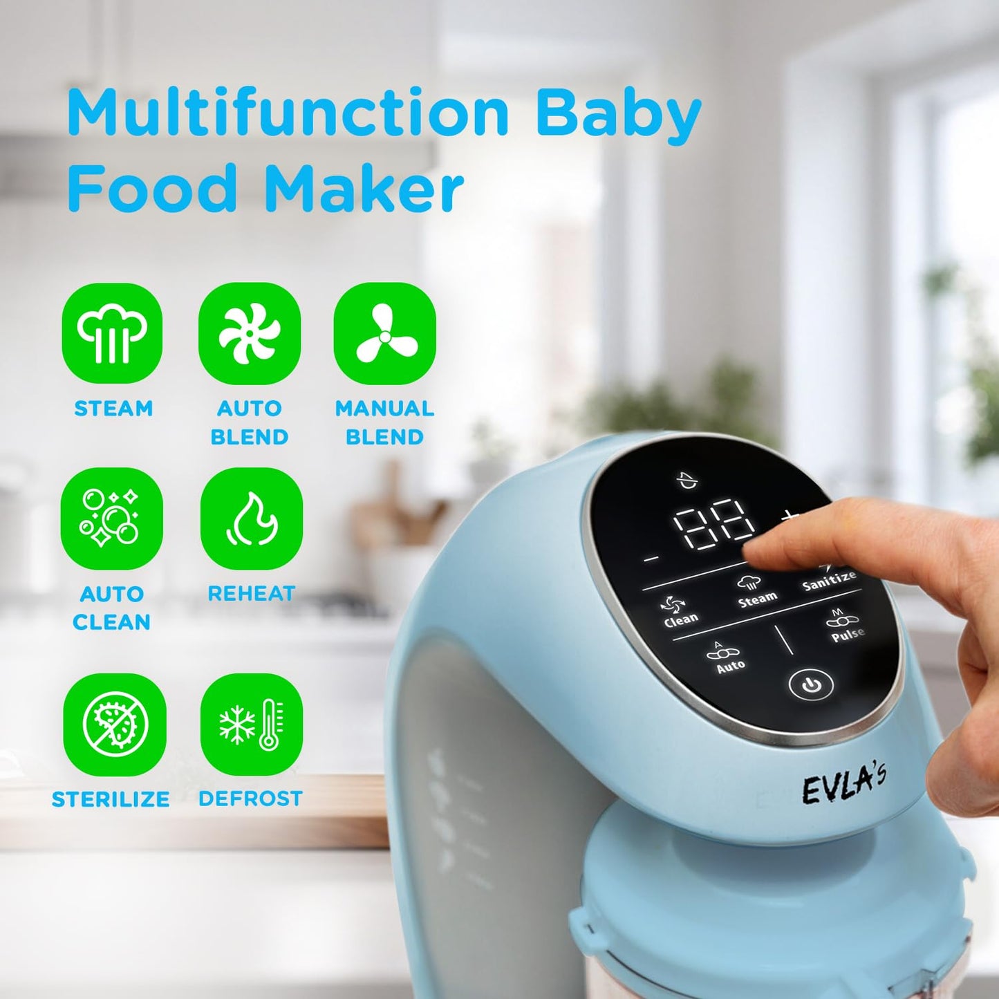 EVLA'S Baby Food Maker, Steamer, Blender, Baby Food Processor for Healthy Homemade Baby Food in Minutes, Touch Screen with 6 Reusable Food Pouches, Baby Registry Essential, White