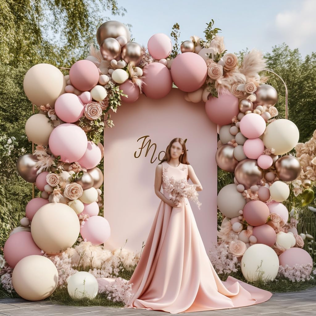 Dusty Pink Rose Balloon Garland Double Stuffed Mauve Light Pink Latex Blush Nude Beige Champagne Gold Balloon Arch Kit for Boho Birthday Baby Bridal Shower Neutral Wedding Party Decor