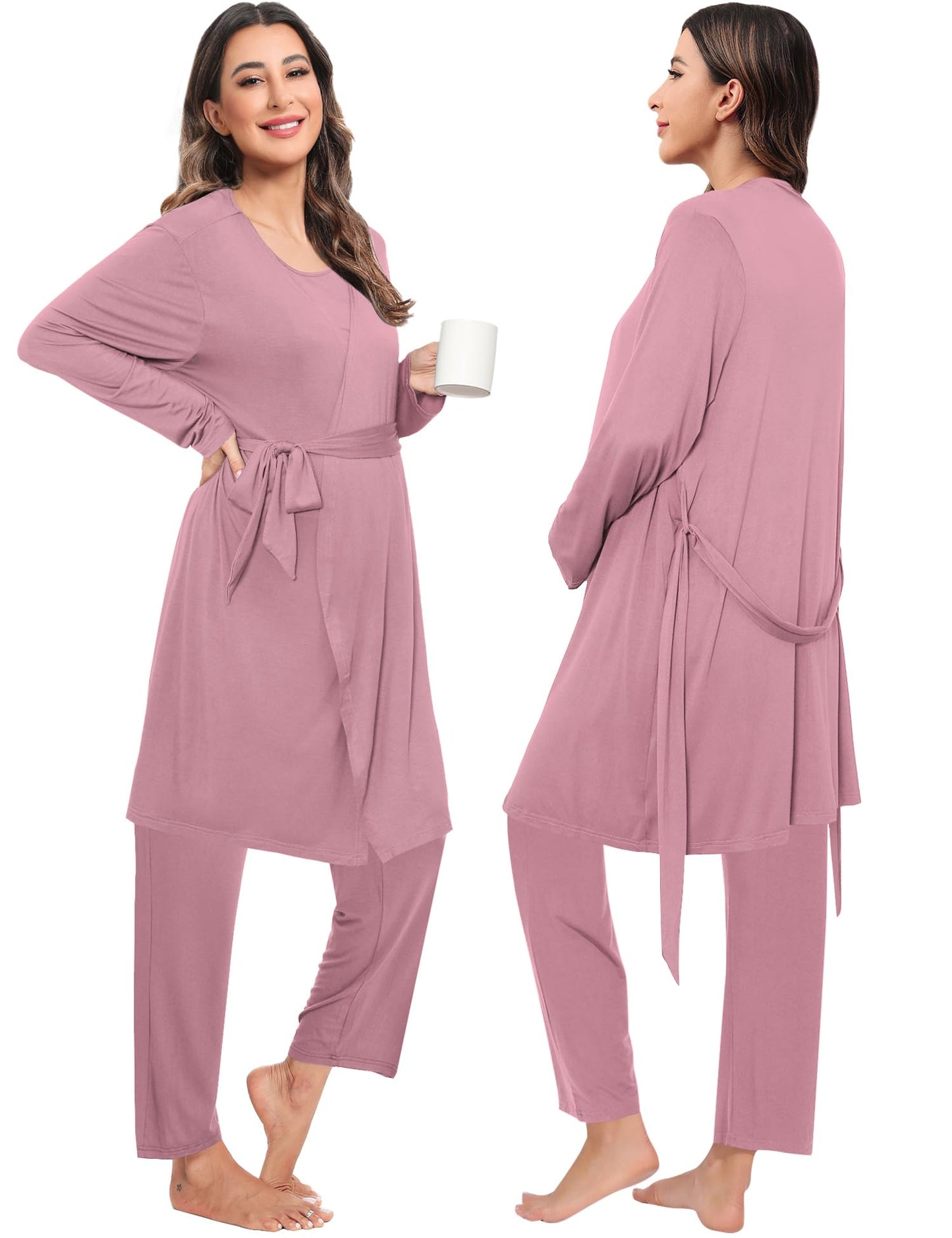 SWOMOG Maternity Nursing Robe Set 3 PCS Postpartum Breastfeeding Pajamas Hospital Pregnancy Pjs Double Layer Lounge Set