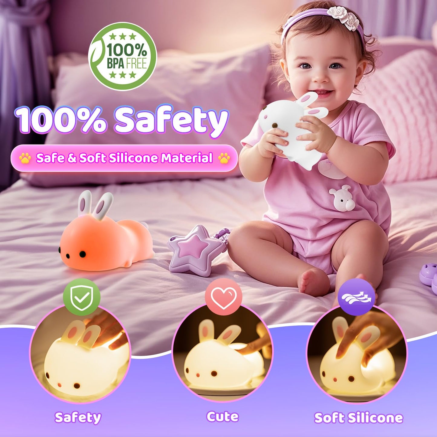One Fire Night Light for Kids Bunny Cute Lamp, Kawaii 16 Colors Kids Night Light Baby Night Light Lamp, Rechargeable Toddler Night Light for Baby Nursery Night Light,Kids Lamp Nightlight for Kids Room
