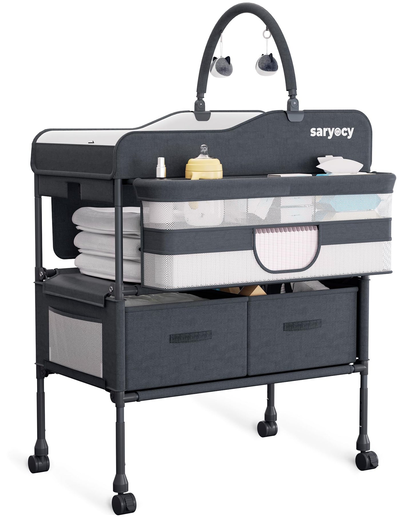 Baby Changing Table, Versatile Folding Changing Table, Waterproof Diaper Changing Station, Adjustable Height with 2 Drawers,Baby Changing Station, Mobile Nursery for Infant and Newborn