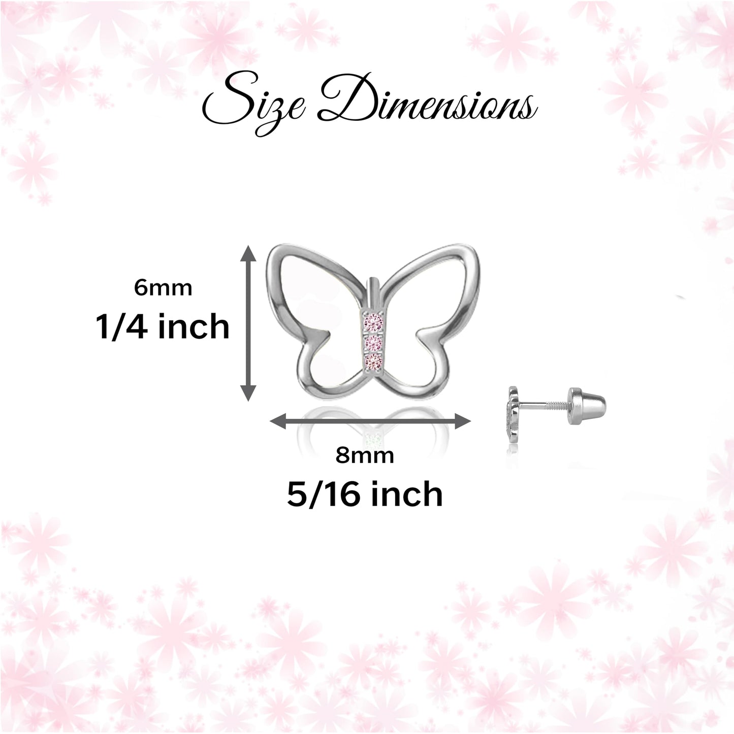Cherished Moments Children's Sterling Silver Butterfly Screw Back Earrings with Pink or Rainbow CZs for Babies, Little Girls, Kids and Toddlers
