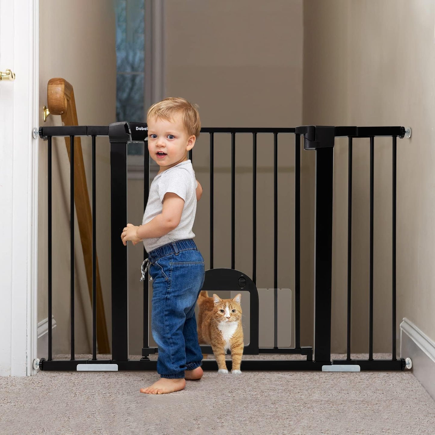 Babelio Upgraded Baby Gate with Cat Door, 29-43" Auto Close Durable Dog Gate for Stairs, Doorways and House, Easy Walk Thru Safety Gate with Pet Door Includes 4 Wall Cups, Black