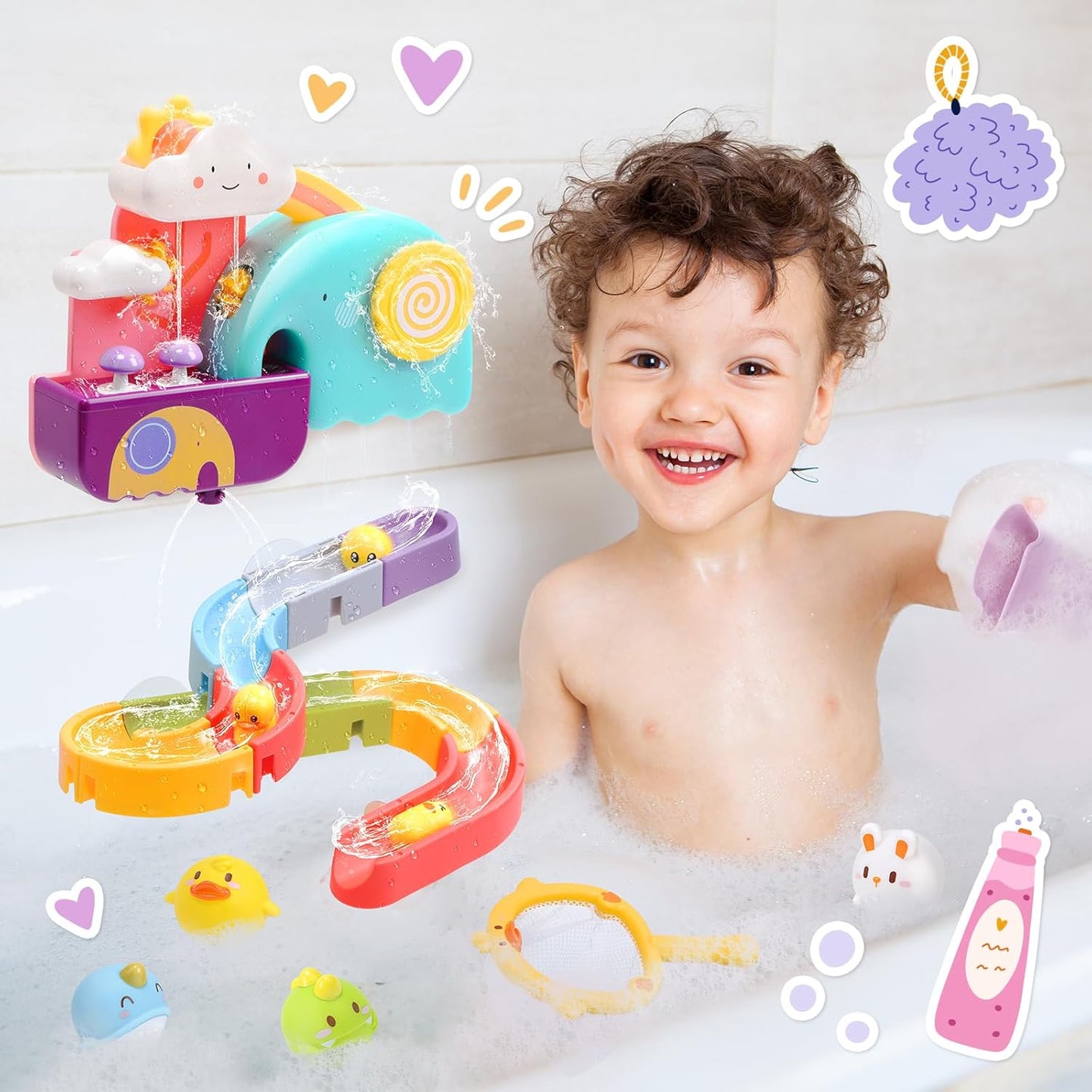 CUTE STONE Baby Bath Toys, Bathtub Toy W/ Water Slide Building Track, No Hole Floating Squirting Toys, Duck Fishing Net Game, Toddler Shower Toys, Water& Pool Toys, Educational Gifts for Boys Girls