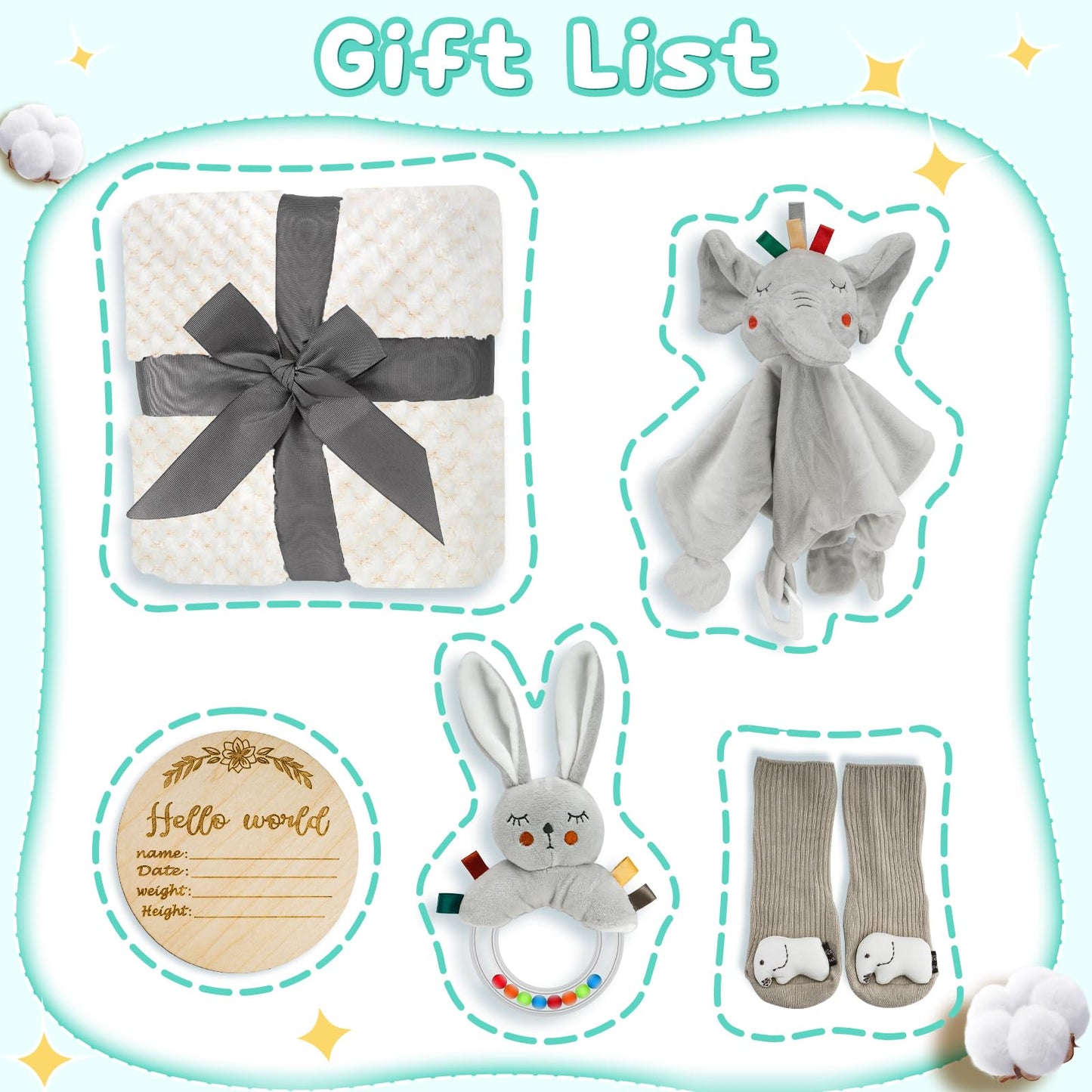 Baby Gift Basket, Newborn Baby Boy Gift Basket, Multiple Pieces Newborn Essentials for New Baby Gifts Basket Set with Baby Blanket, Baby Bunny Rattle, Keepsake Milestone, Elephant Toy, Baby Socks