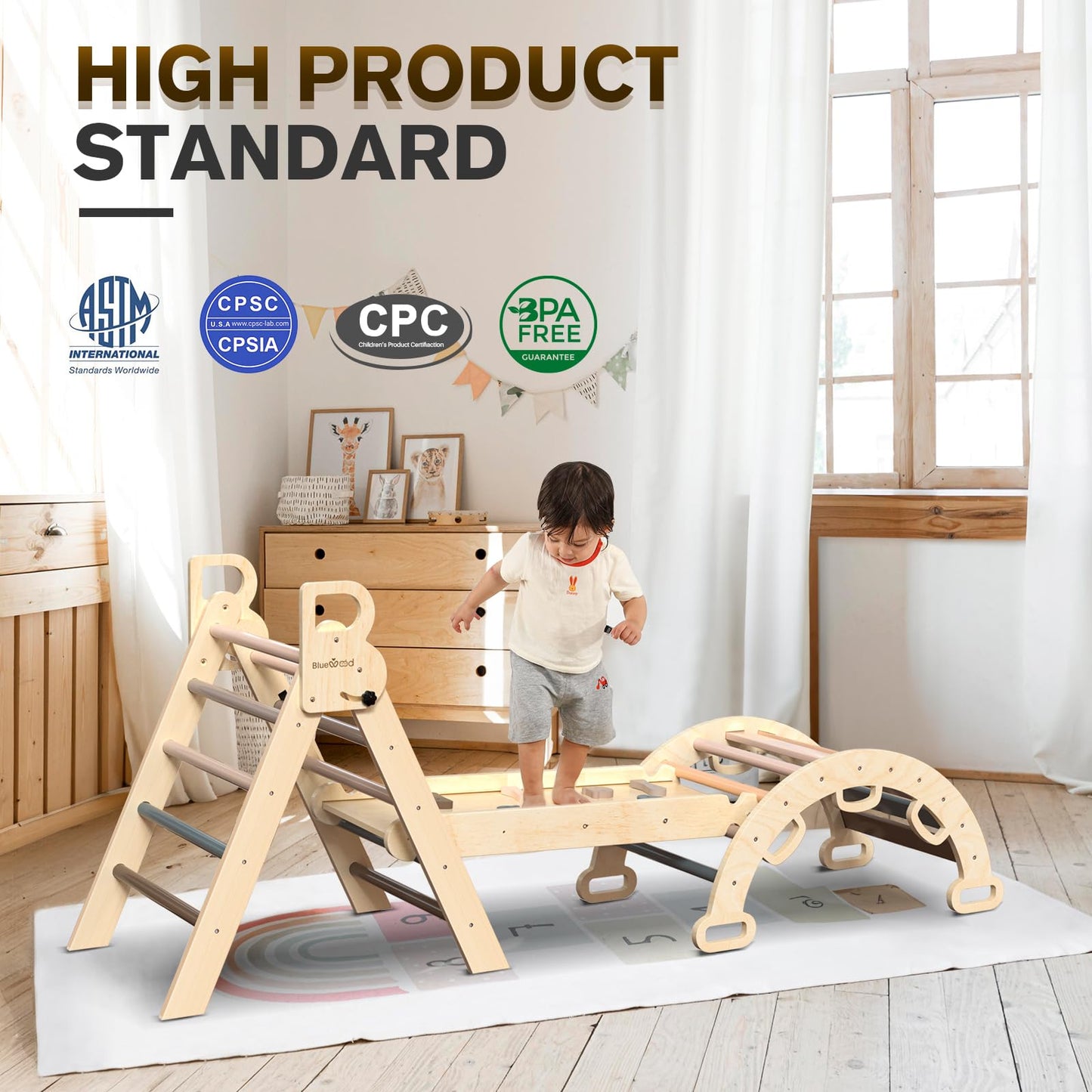 BlueWood Pikler Triangle Set 7-in-1 Foldable Baby Climbing Wooden Toys with Arch&Ramp&Ladder Climber Indoor Jungle Gyms for Toddlers - Rainbow