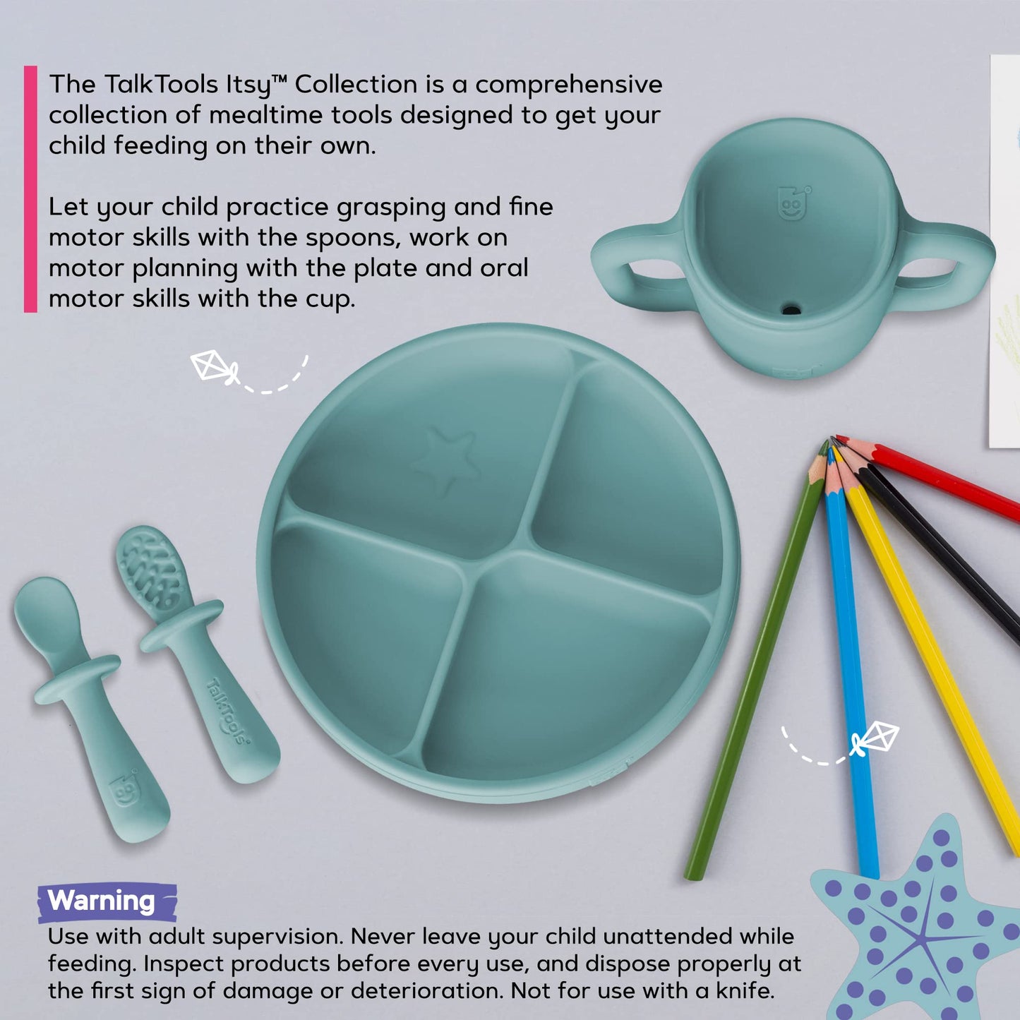 TalkTools ITSY Baby Utensil Set – Silicone Training Cup, Plate and Twin Spoon Pack for Toddlers| Infant First Food Self Feeding Silicone Training Set (Bubblegum)