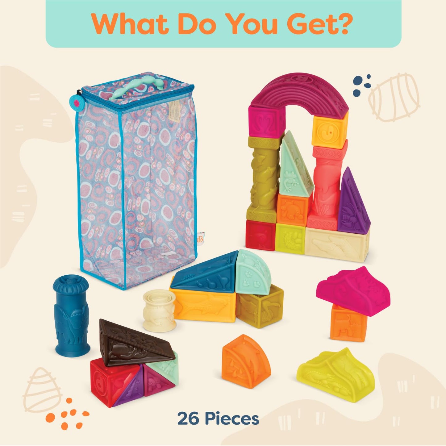 B. toys – Baby Blocks – Stacking & Building Toys For Babies – 10 Soft & Educational Blocks- Numbers, Shapes, Colors, Animals- One Two Squeeze- 6 Months +