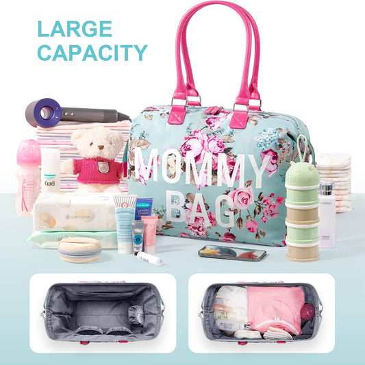 LitBear Mommy Bag for Hospital, Hospital Tote for Labor and Delivery, Large Capacity Waterproof Mommy Organizer, Multifunction Overnight Tote for Women, Mom Bag with Straps (Blue Floral)