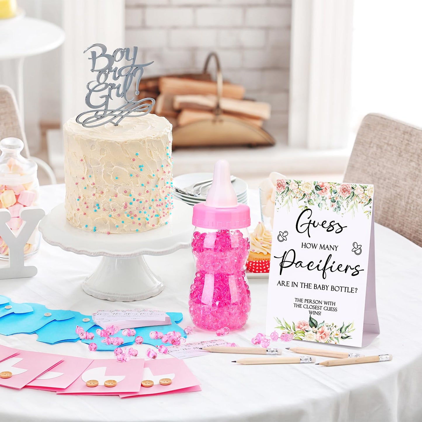 Roowest 512 Pcs Baby Shower Games Guess How Many Pacifiers Sign 100 Small Guessing Games 10 HB Pencils 750ml Milk Bottle 400 Acrylic Pacifiers Decoration for Guest Gender Reveal(Pink,Bear)
