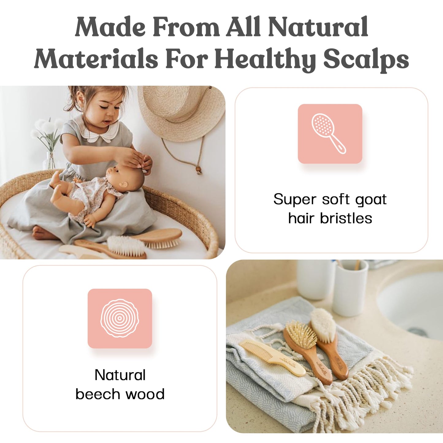 4 Piece Wooden Baby Hair Brush and Comb Set for Newborns & Toddlers in Chic Gift Box - Ultra Soft Natural Goat Hair and Wood Baby Brush Set Prevents Cradle Cap - Perfect Registry Gift (Pink)