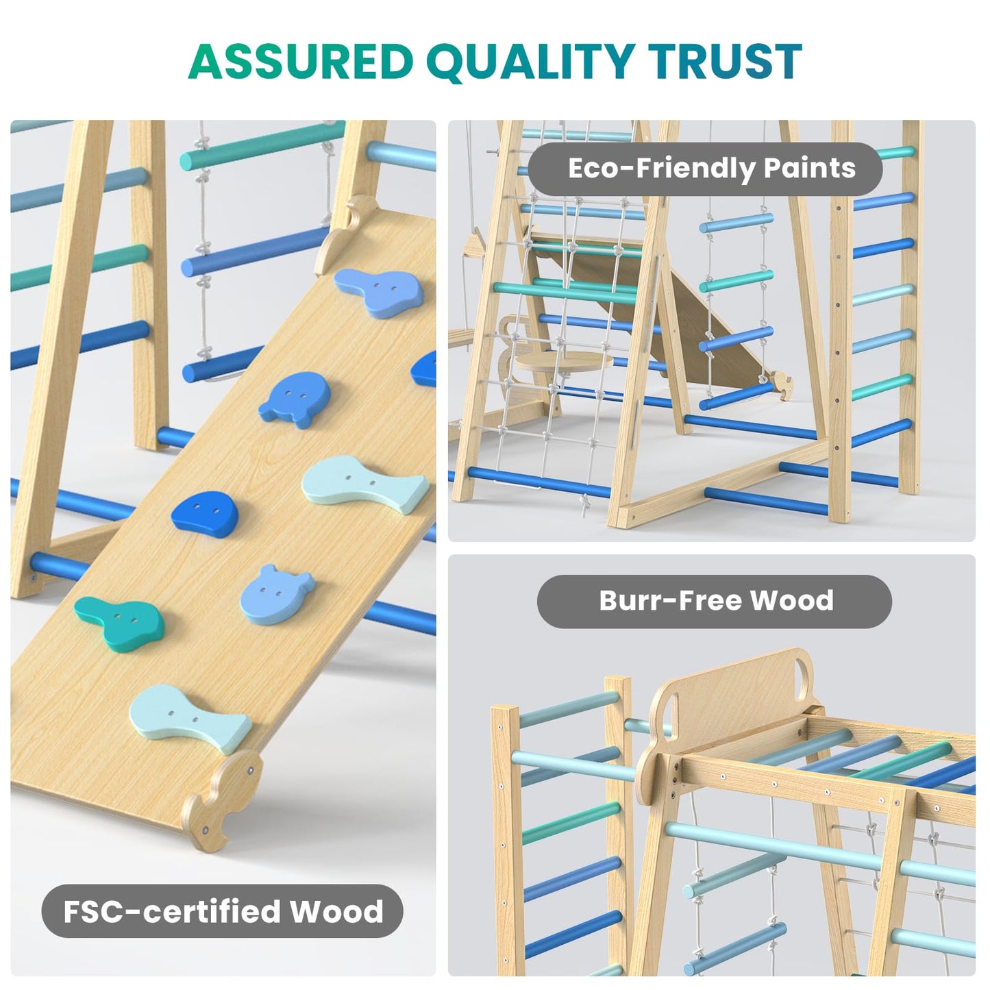 Upgraded Indoor Playground 9-in-1 Jungle Gym Kids Climbing Toys, Montessori Philosophy Waldorf Style Wooden Climber Playset with Slide, Swing, Monkey Bars, Upright/Rope Ladder, Climb Net, Rainbow