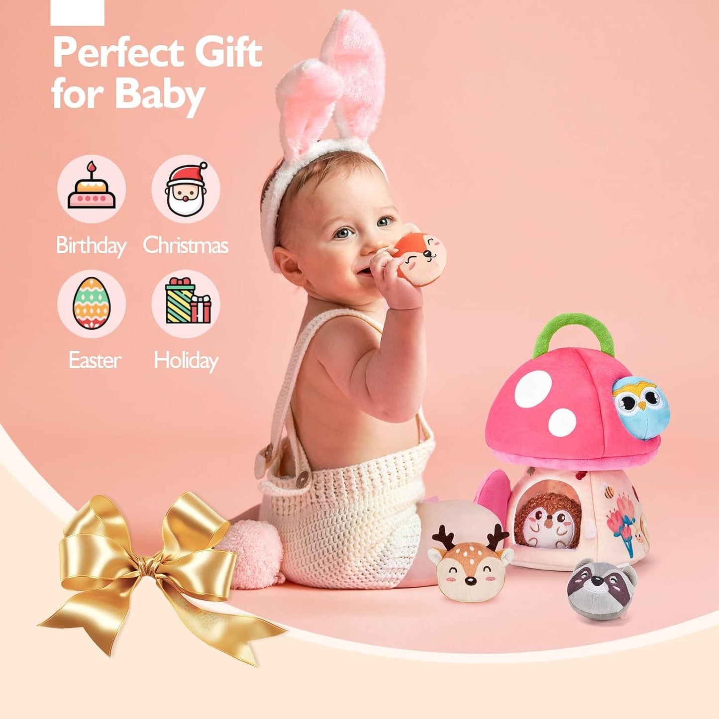 hahaland Baby Girl Toys 6-12 Months - My First Mushroom House with Stuffed Jungle Animals, Rattle, Crinkle Paper, Mirror - Developmental Sensory Montessori Toys for Toddlers 1 Year Old Girl Gifts