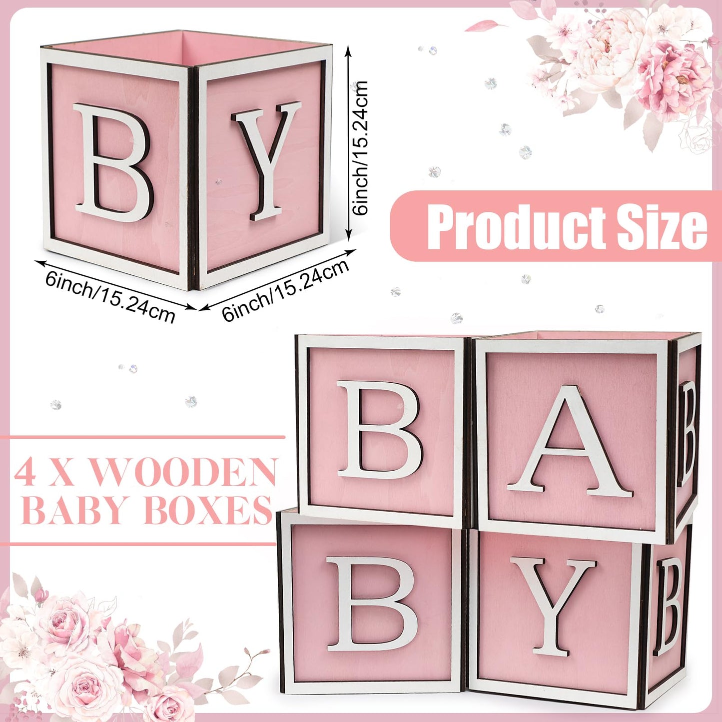 4 Set Baby Shower Centerpieces for Tables - 6 inch Wooden Boxes with Baby Letters Rustic Cube Planter Wood Blocks for Boy Girl Gender Reveal Party Favor (Blue)