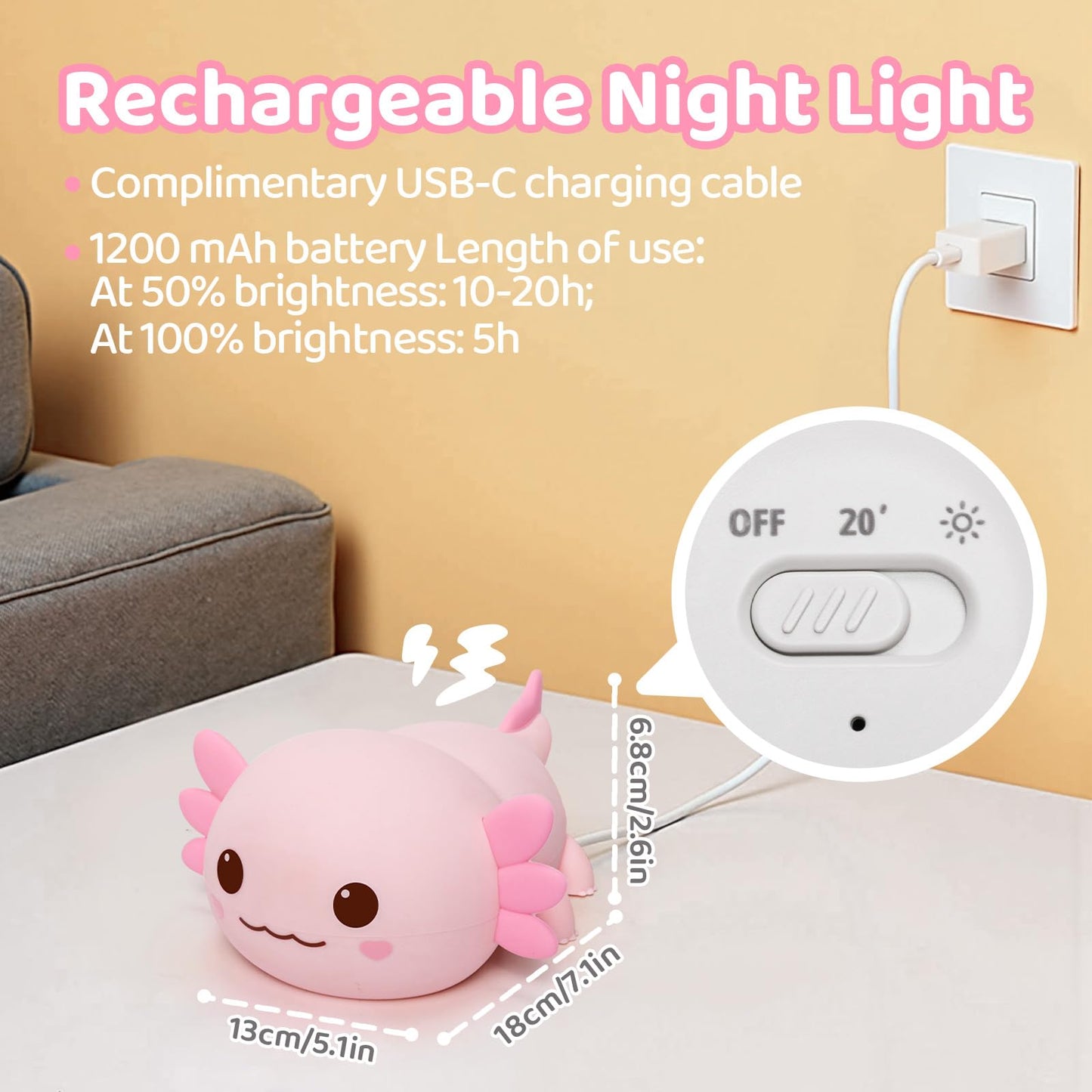 Huggwaii Squishy Axolotl Night Light for Kids – Dimmable Silicone Axolotl Lamp, 2025 Upgraded Baby Night Light, Rechargeable, 20H Battery Life, Sleep Aid Gift for Toddlers, Girls&Room Decor