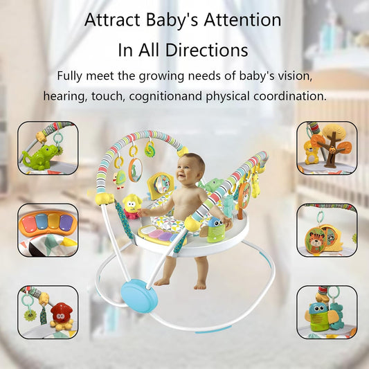 CAM2 Baby Bouncer Baby Jumpers Infant Activity Center with Music Lights Sounds, 360° Rotating Seat,Surrounded by 12 Different Types of Toys,Activity Center for 4 Month+,White