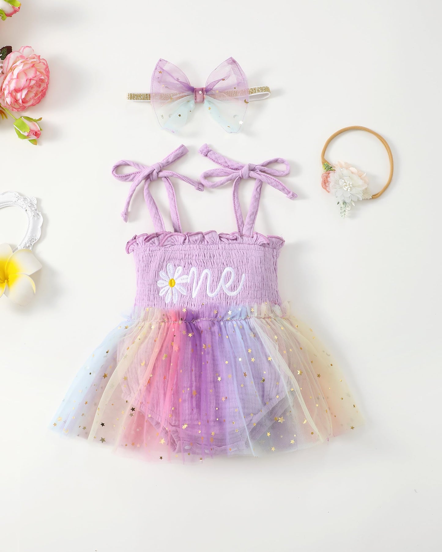 Renotemy Baby Girl Tulle Dress Sleeveless Romper Smocked Halter 1st Birthday Clothes Cake Smash Outfits with Flower Headband