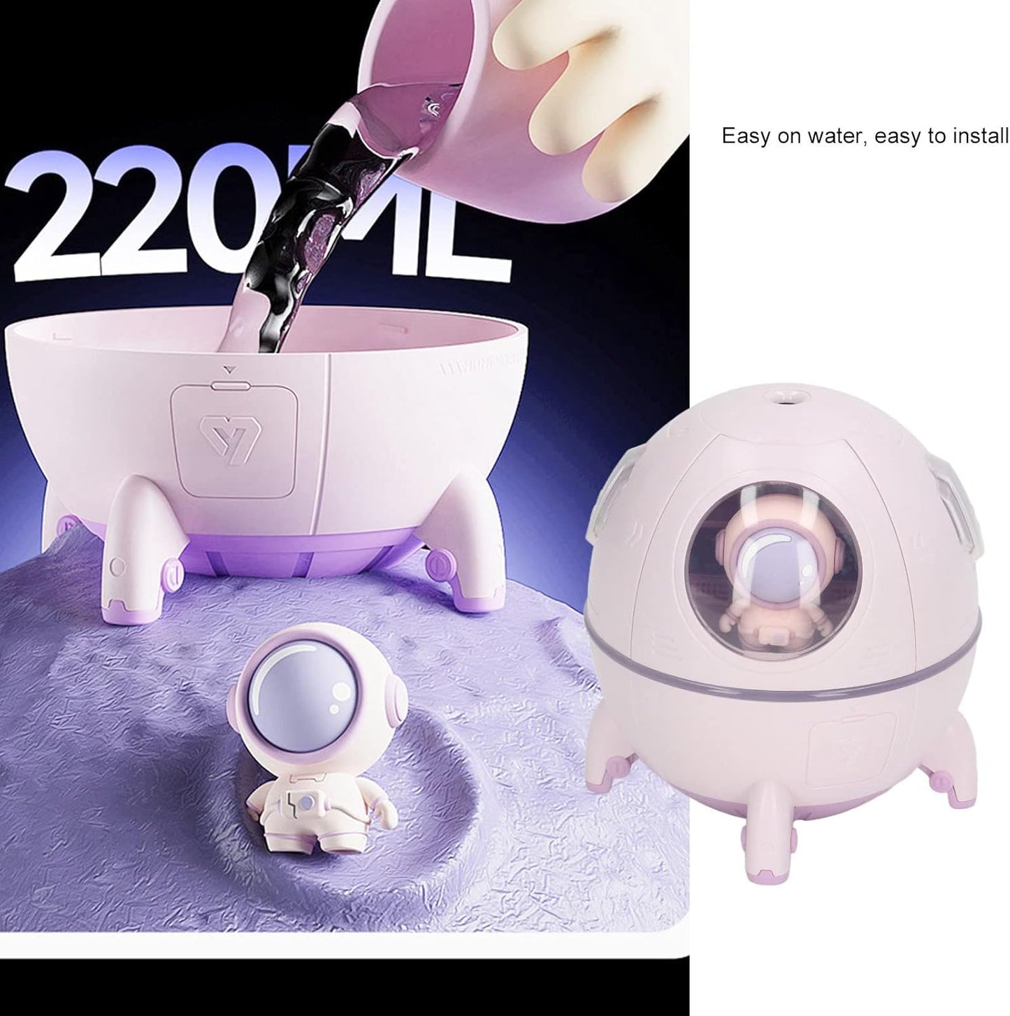Space Capsule Humidifier USB Large Mist Volume Cute Baby Humidifier with Diffuser Night Light for Car Office Room Bedroom Home Car Desktop White (Light Purple)