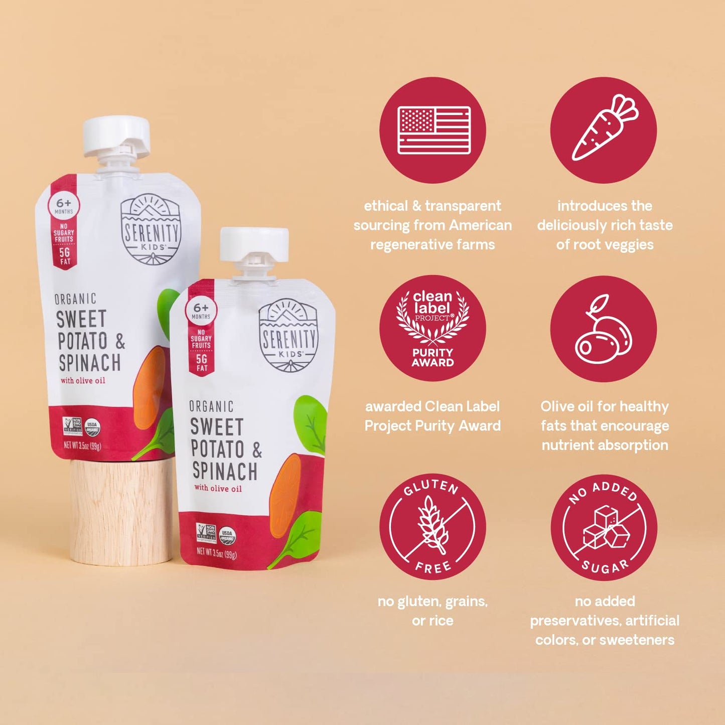 Serenity Kids 6+ Months Baby Food Pouches - Puree with Ethically Sourced Meat & Organic Veggies - 3.5 Ounce BPA-Free Pouch - Variety Pack, 8 Count - Baby Food Meat
