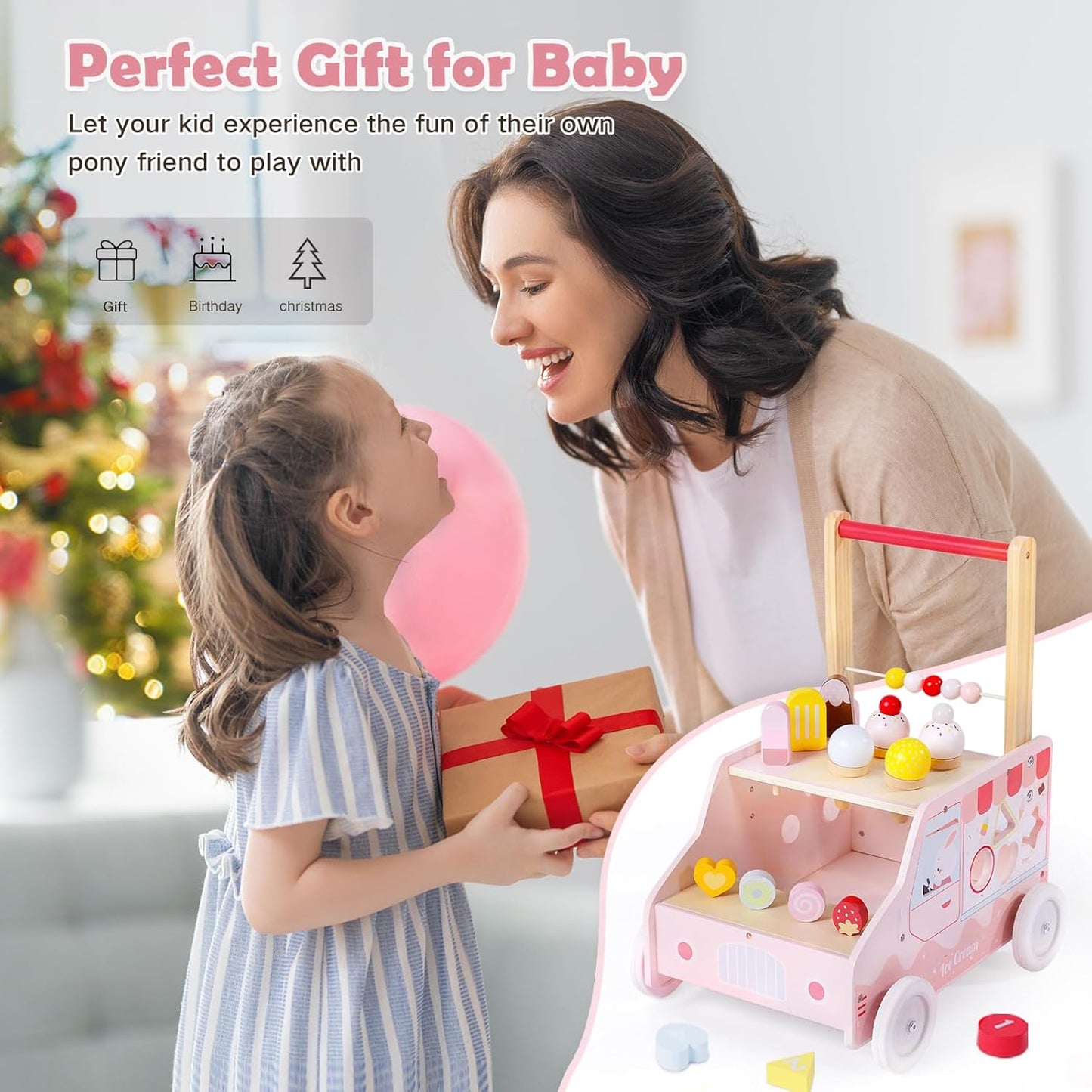 labebe Wooden Baby Walker, Push Activity Walker for Kids 12M+, Multifunctional Ice Cream Cart Activity, Adjustable Speed Learning Walking with Wheels, Birthday Gift for Girls Boys Ages 1-3 (Pink)