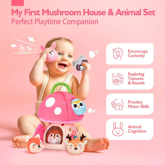 hahaland Baby Girl Toys 6-12 Months - My First Mushroom House with Stuffed Jungle Animals, Rattle, Crinkle Paper, Mirror - Developmental Sensory Montessori Toys for Toddlers 1 Year Old Girl Gifts