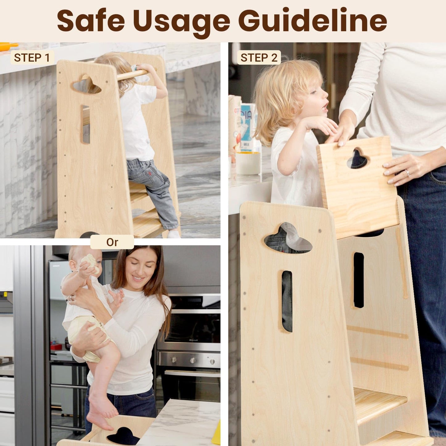 COSYLAND Toddler Standing Tower Adjustable Height - Super Stable Kids Kitchen Stool Helper - 3 Levels Adjustable Wooden Toddler Kitchen Stool (Natural & Navy Blue)