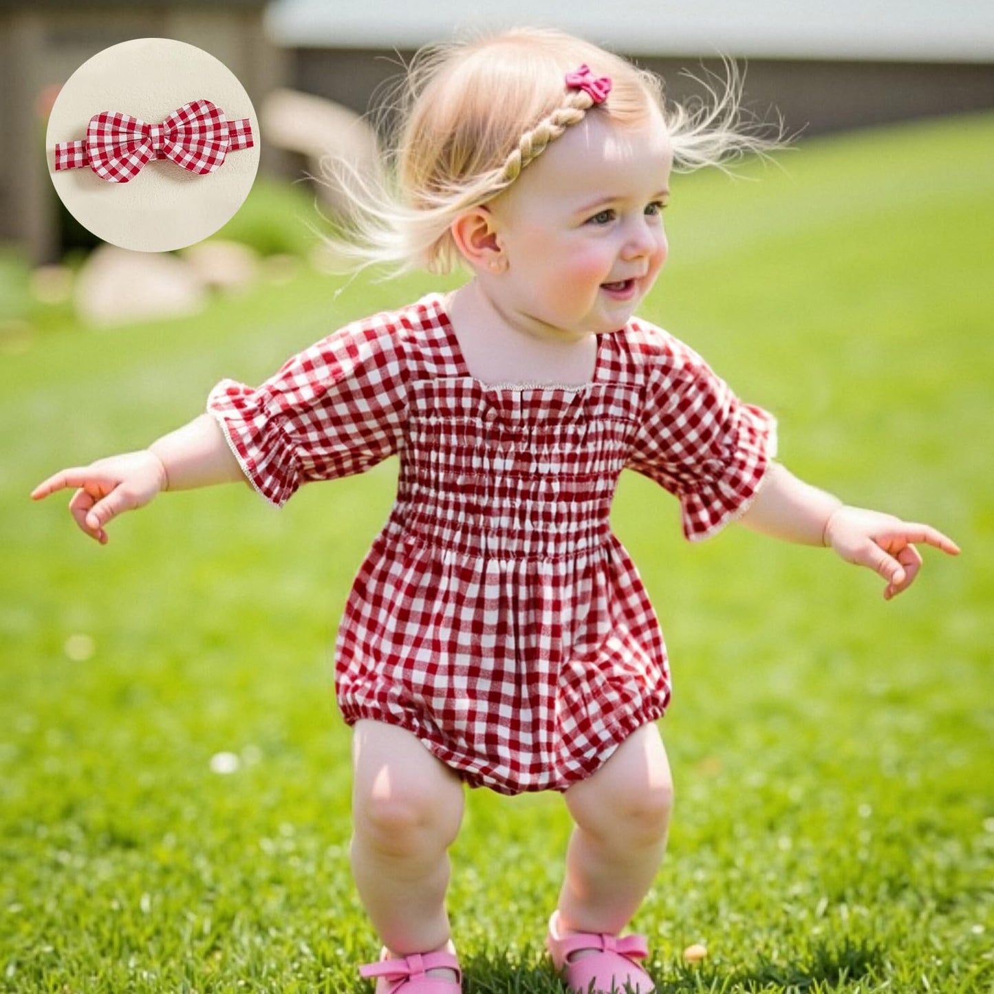 Infant Baby Girls Romper Ruffle Sleeve Pleated Smocked Bubble Plaid One Piece Ruched Jumpsuit Summer Bodysuit