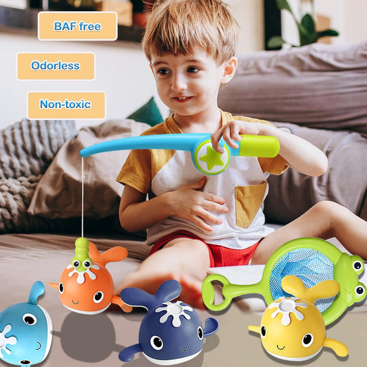 Baby Bath Toys,Magnet Fishing Game Bath Baby Toy for 1-3 4-8 Year Old Toddler Boys Girls,Toys for Kid,Baby Bathtub Toys 18 Months+,4 Wind-up Whale Water Shower Toy&1 Fishing Pole&1 Net