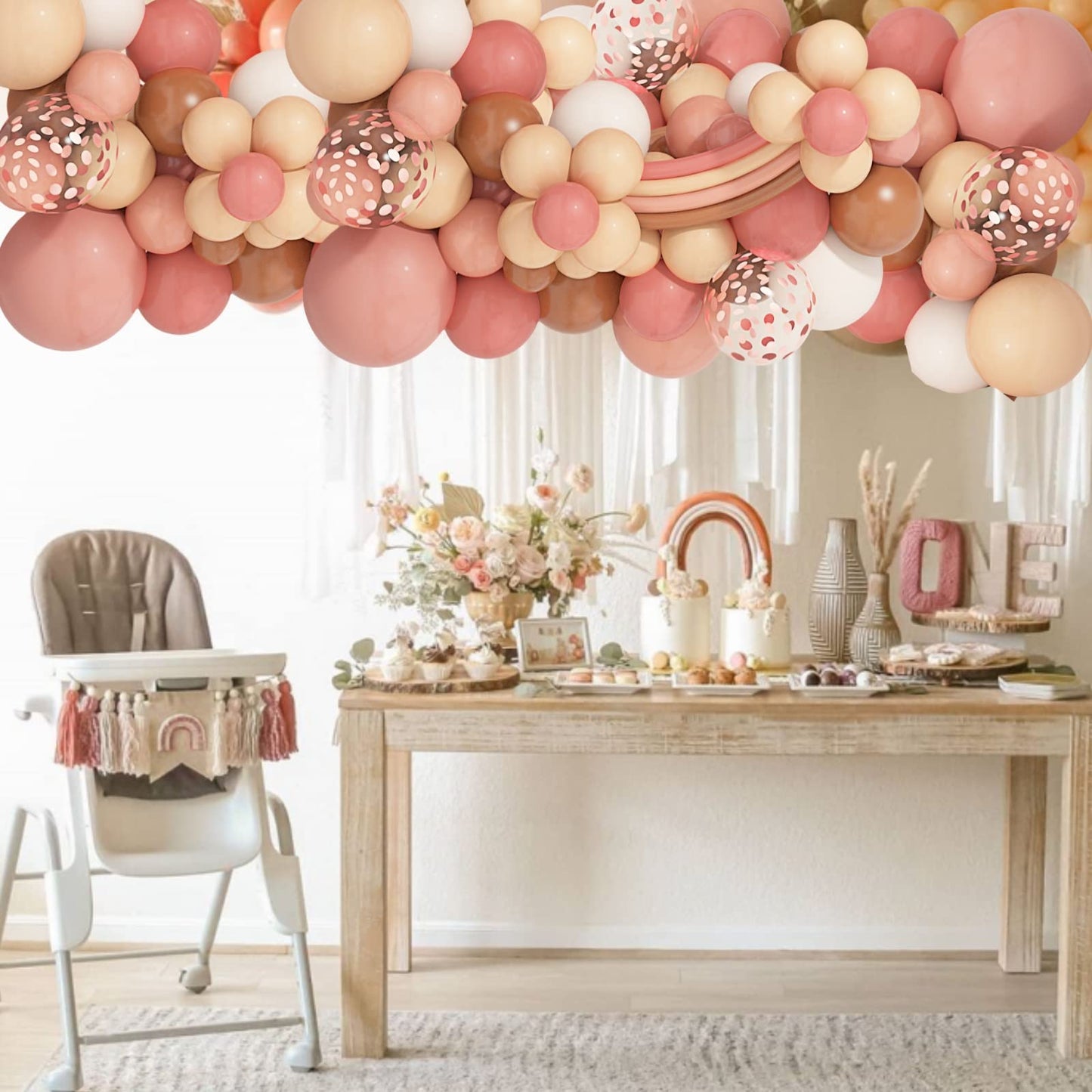 Amandir Boho Daisy Balloons Garland Arch Kit, Retro Dusty Rose Pink Blush Brown Nude Flower Balloons for Boho Daisy Flower Theme Birthday Baby Shower Wedding Mothers Day Party Decorations Supplies