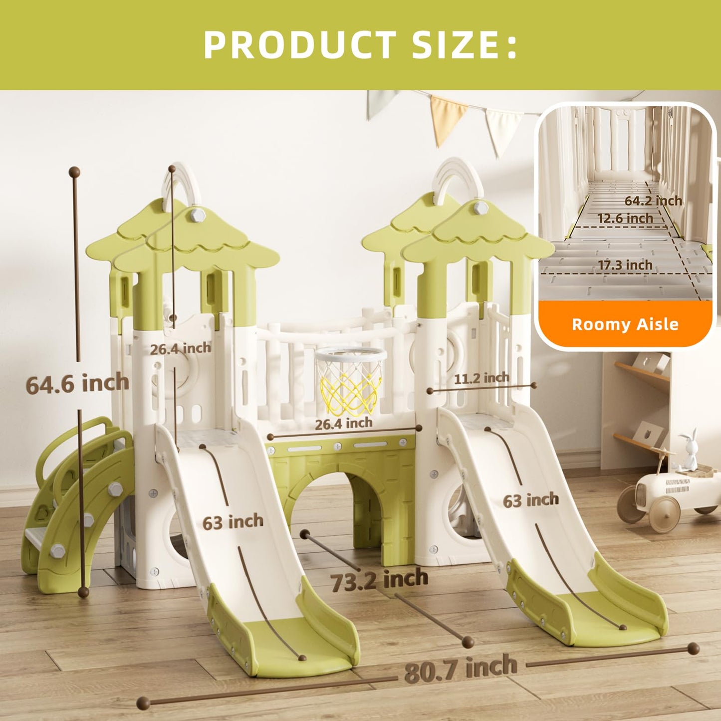 KORIMEFA 10-in-1 Toddler Slide, Kid Double Slide for Toddlers Age 1-3, Basketball Hoop, and Telescope, Indoor Outdoor Slide Toddler Playset Toddler Playground, Forest Themed Brown
