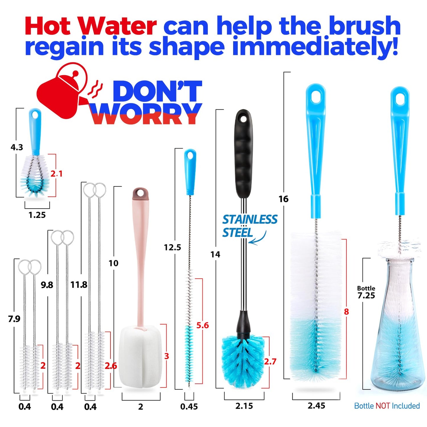 Holikme Bottle Brush Tube Cleaning Lab Set with Long Handle, Cup Cleaner for Washing Narrow Neck Beer Wine Decanter Pipes Lids Sinks Cap Covers, White