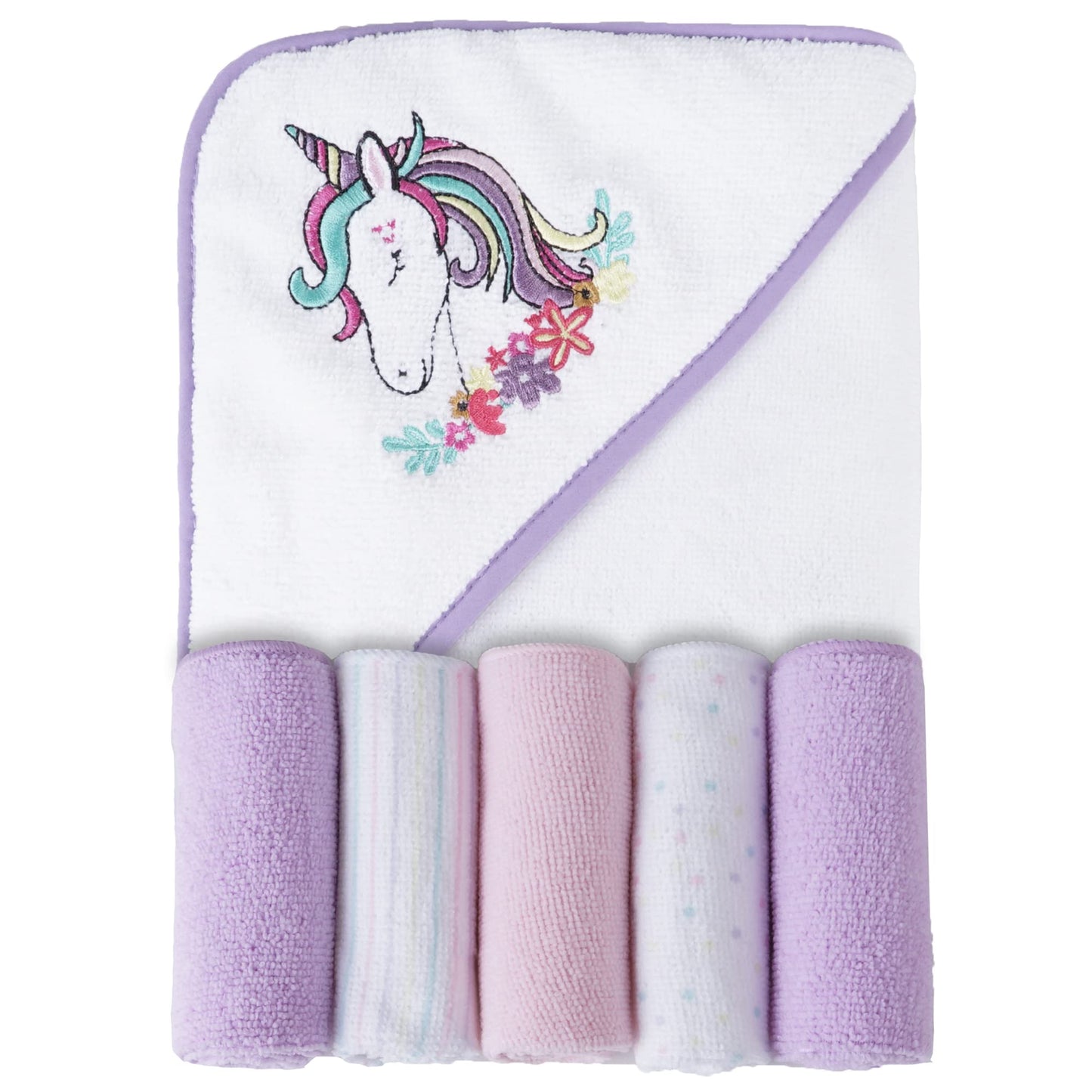 Viviland Baby Towels and Baby Wash Cloths Set Hooded Baby Towels Baby Wipes Absorbent Bath Face Towels Burp Cloths or Face Towels for Girl Boy 6-Pack Size 28 x 28 Inch(Elephant Flower)