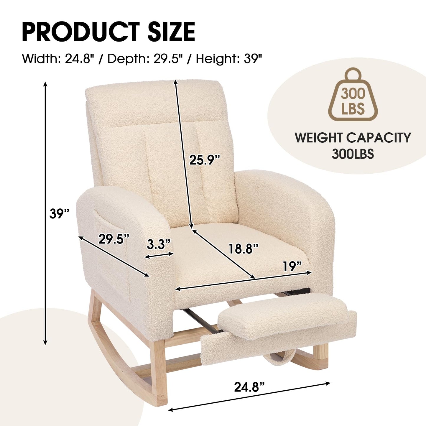NIOIIKIT Modern Nursery Rocking Chair, Teddy Upholstered Rocking Chair with Footrest, Comfortable Glider Rocker with Side Pocket for Living Room, Bedroom, Nursing Room (Beige)