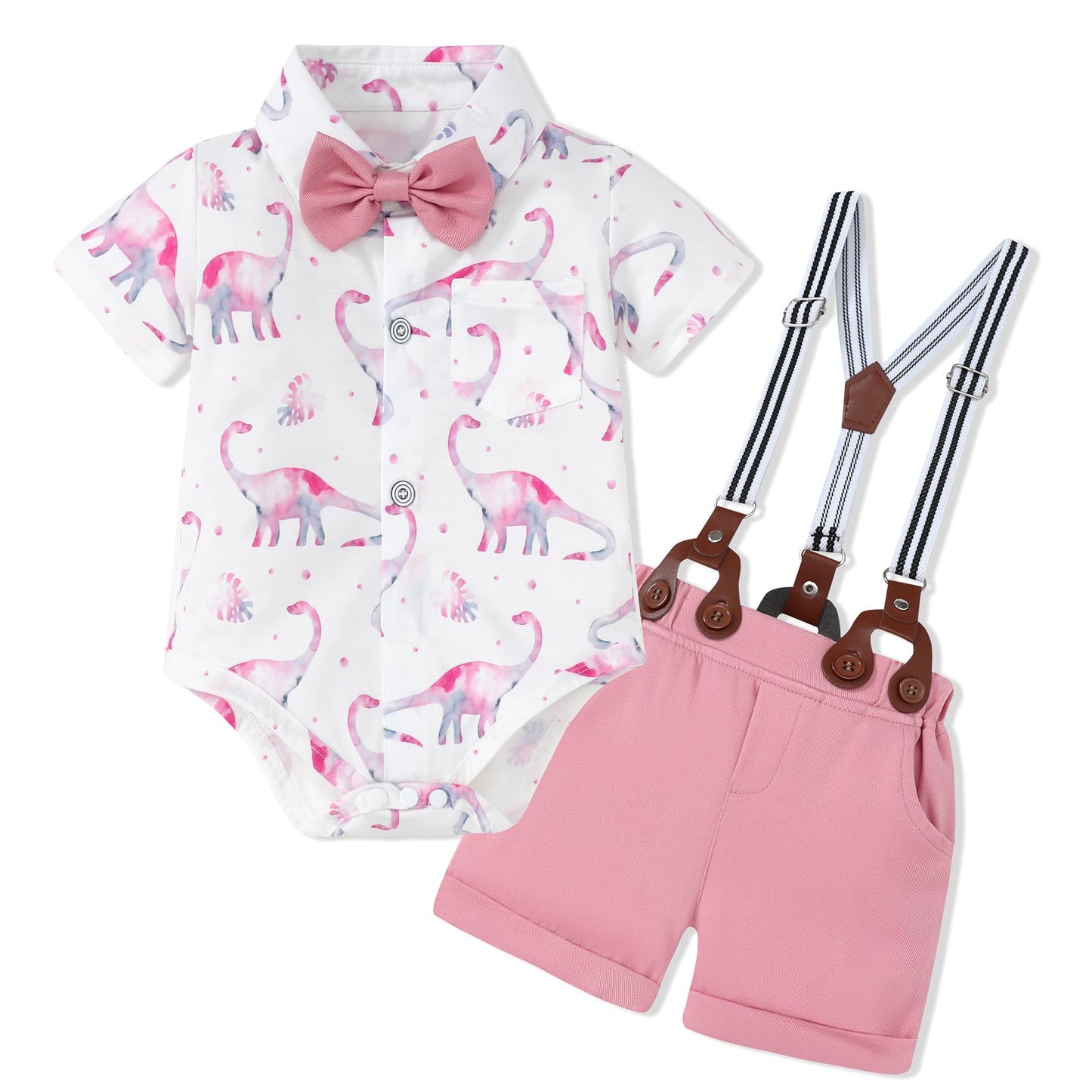 WESIDOM Baby Boy Clothes Suit 0-24 Months Gentleman Outfits, Short Sleeve Dress Romper+Bowtie+Detachable Suspender Shorts Set